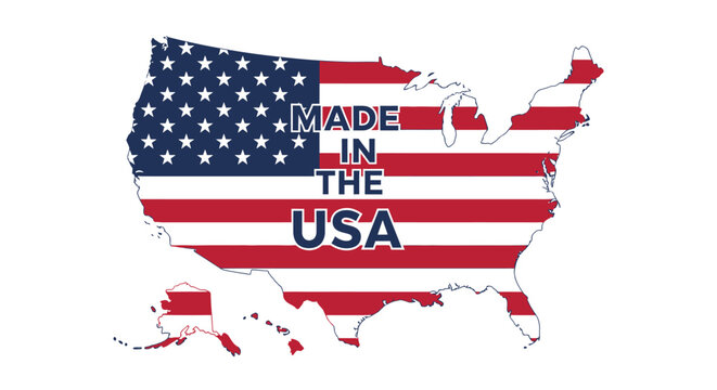Outline map of the contiguous United States filled with the American flag pattern includes Alaska and text proclaiming domestic manufacturing.