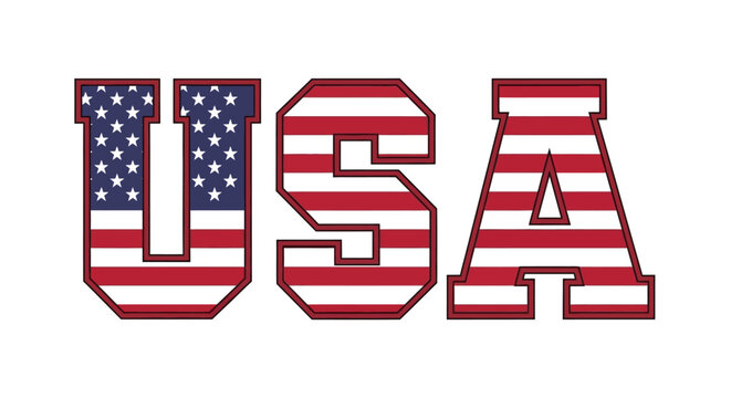 Bold, block letters spelling USA are filled with the distinctive red, white, and blue pattern of the American flag.