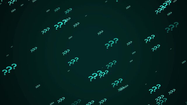 A dark teal background with a subtle gradient is filled with scattered small teal question marks of varying opacity and size, suggesting a theme of inquiry and the unknown