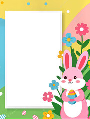 Easter vertical background with a large white copy space frame. Featuring a cute pink bunny holding a striped egg surrounded by spring flowers. flat illustration style with abstract colorful