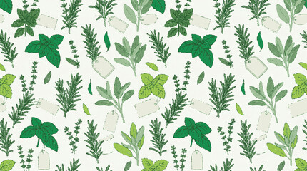 Fototapeta premium Herbs seamless pattern with basil and rosemary on white background for design