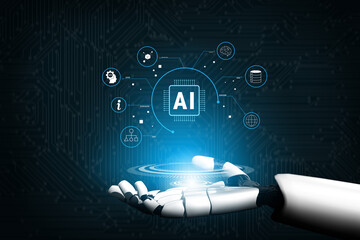 Naklejka na ściany i meble The ecosystem of Artificial Intelligence (AI) core technology. A concept of an AI platform powering data analysis, machine learning, and global networks. Motif