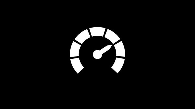 A white stylized speedometer with a needle pointing towards the lower end of the scale is centered on a solid black background, representing low speed or a starting point