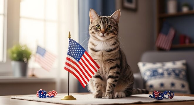 Memorial day tribute with patriotic cat and american flag decoration