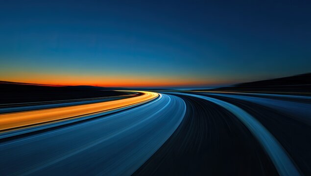 Winding road at twilight with streaks of light creating a sense of speed