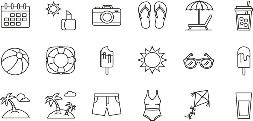Summer Vacation Line Icon Set with Beach, Travel, Sun, Camera, Ice Cream and Holiday Elements for Tourism and Seasonal Design