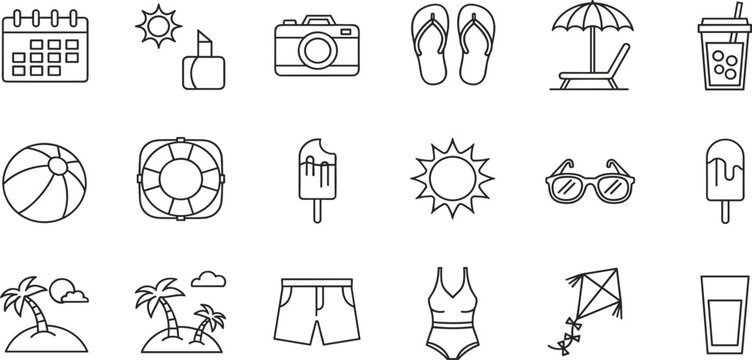 Summer Vacation Line Icon Set with Beach, Travel, Sun, Camera, Ice Cream and Holiday Elements for Tourism and Seasonal Design