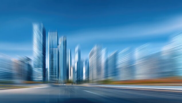 Speeding through a blurred, futuristic cityscape under a bright blue sky