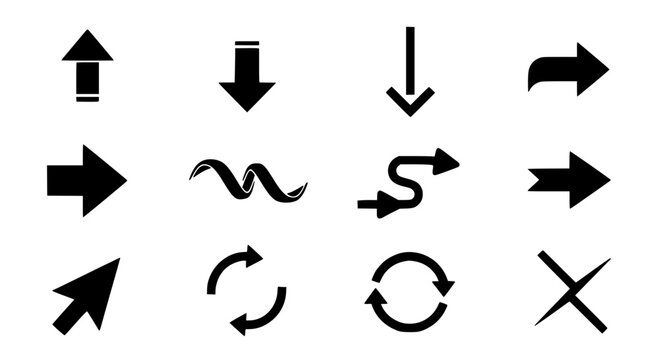 Arrows icon set with black curved and straight lines on white background featuring icons, direction, navigation with