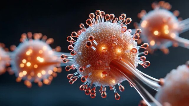 Microscopic Marvel: An eye-level, intimate view of virus cells, showcasing the intricate and potentially life-threatening nature of such invaders.