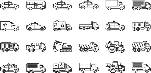 Vehicle Line Icon Set Featuring Taxi Bus Delivery Truck Dump Truck Excavator Tractor Ambulance and Construction Transport Icons for Logistics and Transportation Design © AB