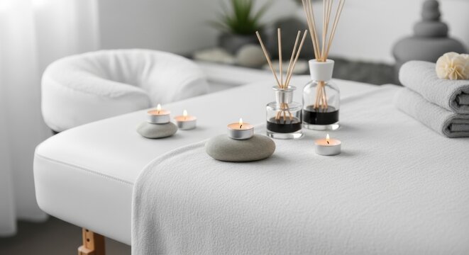 Calming spa setting with lit candles and aromatherapy diffuser on a massage table