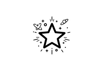 Obraz premium Black Outline Rising Star Icon with Cosmic Sparkles Minimal Vector Symbol