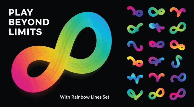 Vibrant rainbow infinity symbols and colorful shapes play beyond limits with fun geometric designs