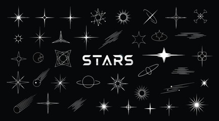 Collection of various star and celestial body icons in white on black background © S.Siam
