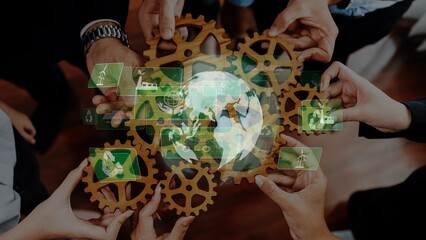 Naklejka premium A diverse group of individuals collaborates using gears and a digital globe, representing innovation and teamwork for sustainable solutions in business and technology. Raster