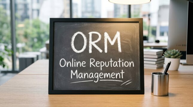 Blackboard displaying 'ORM Online Reputation Management' concept in an office setting
