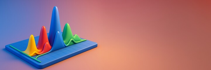 Colorful 3D abstract graph with multicolored peaks on blue base over gradient background with empty copyspace for design or advertising template. Ai generative