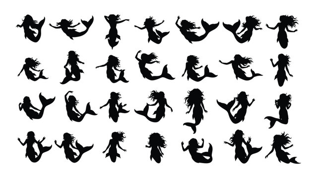 Collection of diverse yoga poses for flexibility and balance in black silhouette on white background for fitness and wellness