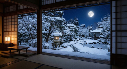 Fototapeta premium Mystical Snowy Japanese Garden View from a Traditional Washitsu Room under a Full Moon in Winter, Ascending a Mossy Path in Kyoto