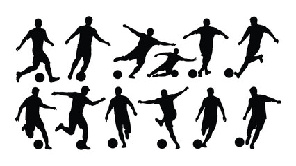 Collection of soccer player silhouettes in various actions and poses