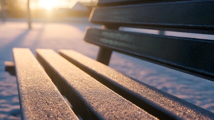 Sunlit bench with frost in serene park, capturing morning light and gentle winter atmosphere