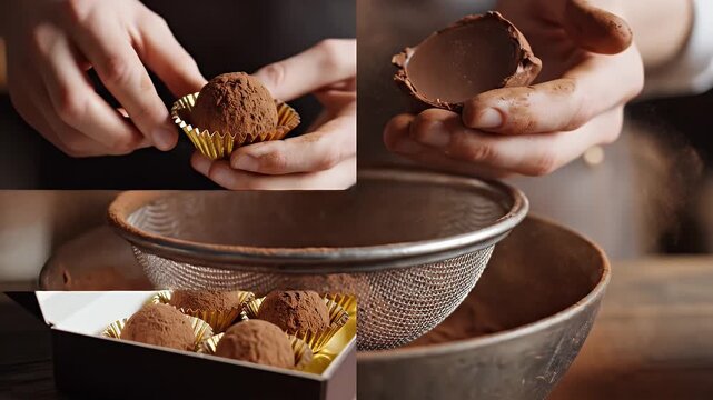 Artisan hands carefully craft rich chocolate truffles dusting with cocoa powder in a golden wrapper and a gift box presentation