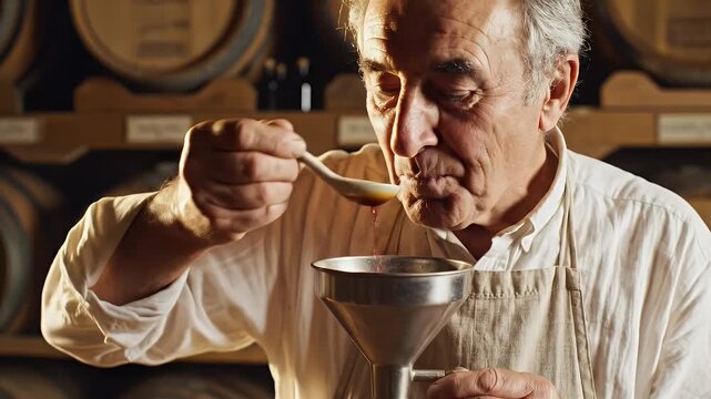 Artisan Vintner Cultivating Traditional Vinegar Mother In Vintage Winery With Wooden Barrels Background Crafting Production Process