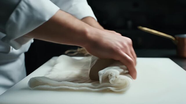 Artisanal CloseUp of French Chef Rolling Foie Gras Torc in Kitchen with Soft Lighting and Detailed Texture