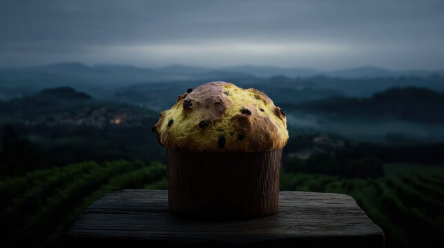 Delicious Panettone Cake with Raisins on a Wooden Table with Mountain Background.