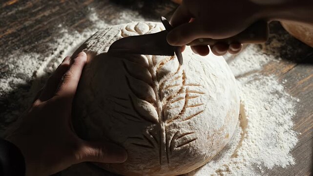 Artistic Close Up of Baker Hand Scoring Intricate Wheat Design on Sourdough Bread Dough with Flour Dusting Dramatic Lighting and Rustic Wooden Table Background