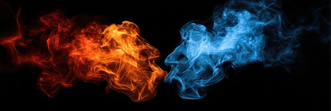 Vibrant red fire and cool blue smoke wisps meet and swirl against black