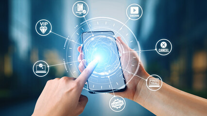 Plakat Concept of subscription services provides exclusive digital content. This model offers continuous access, enhancing subscription services with personalized experiences and benefits. Gist