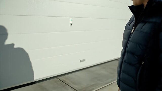 Side-profile of a woman wearing a dark puffer jacket standing beside a white garage door with her shadow cast on the wall