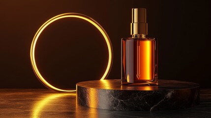 Elegant perfume bottle on marble with glowing circle on dark backdrop, exuding sophistication