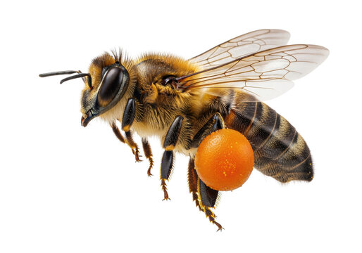 Single honey bee mid-flight, covered in fine golden hair, razor-sharp iridescent wings, carrying a bright orange pollen load, isolated on a brilliant white background, scientific precision atmosphere