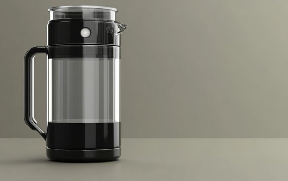 Sleek gray and black modern vacuum flask with handle against a minimalist beige background