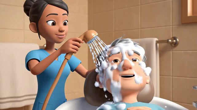 Cartoon nurse washing elderly patient animated senior care bathing assistance home healthcare skilled nursing facility