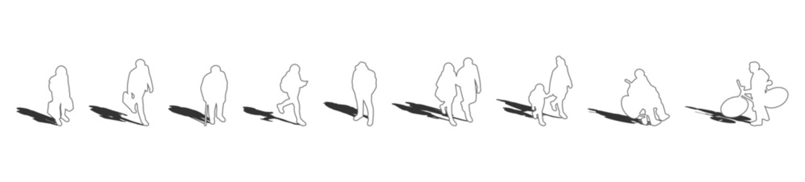 A collection of top view outline vector Isometric Diverse People figures with gray shadows underneath, useful for realistic architectural plans.