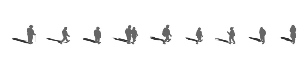 Top View Walking People Silhouette Set with Long Shadows, Men Women and Couple Pedestrians for Architectural Floor Plan Urban Planning City Map Black Silhouette Human Figures Collection