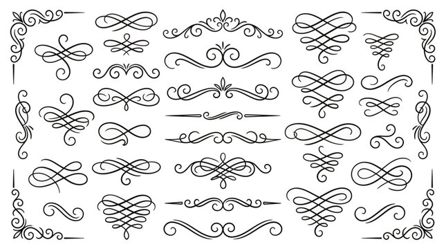 Set of black vintage calligraphic ornaments with elegant swirls and decorative filigree dividers on white background, concept for luxury invitation, wedding stationery and brand identity