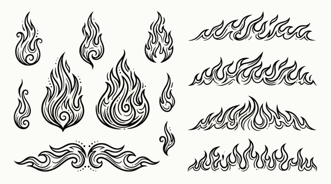 Collection of various hand drawn fire flame line art illustrations with decorative tribal swirl border patterns on white background, concept for tattoo design, graphic ornament and branding