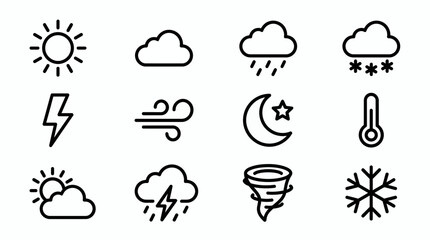 Obraz premium Set of black outline weather icons featuring sun, clouds, rain, snow, lightning, wind, moon and thermometer, concept for meteorological forecasting, mobile app design and digital interface