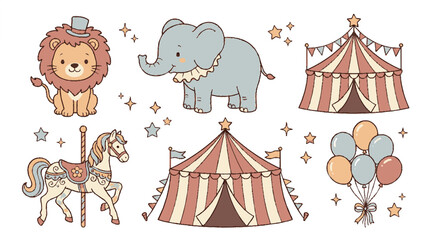 Obraz premium Cute lion elephant and carousel horse with colorful circus tents and balloons in vintage nursery vector set