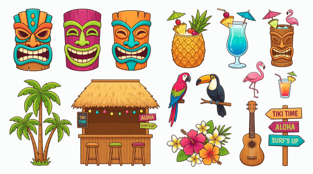 Set of colorful tropical tiki bar vector elements with masks, exotic cocktails, birds, flowers, palm trees and ukulele, concept for summer party invitation, Hawaiian vacation and travel advertising