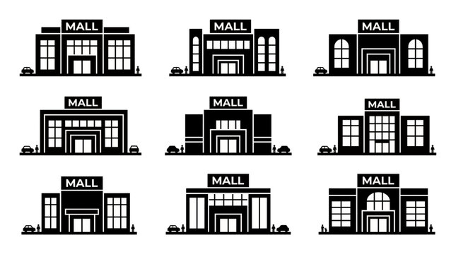Set of modern shopping mall building icons with store entrances, car parking silhouettes and tiny window details, concept for urban development, retail marketing and architectural icons