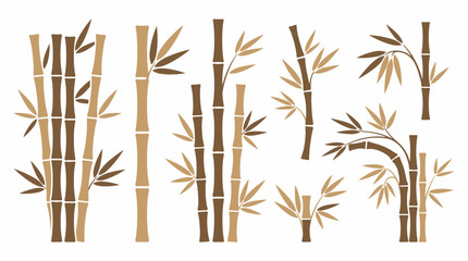 Set of stylized bamboo tree stalks with leaves in brown and tan colors on white background, concept for oriental zen spa design, asian organic branding and tropical nature pattern decoration