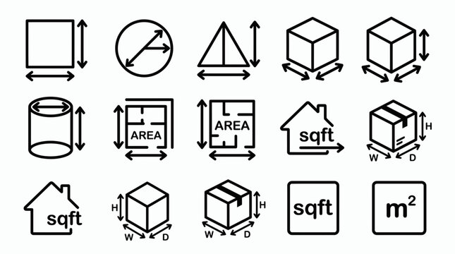 Collection of black line icons showing geometric shapes floor plans and measurement symbols for area and volume calculations, concept for architectural design, logistics and property market