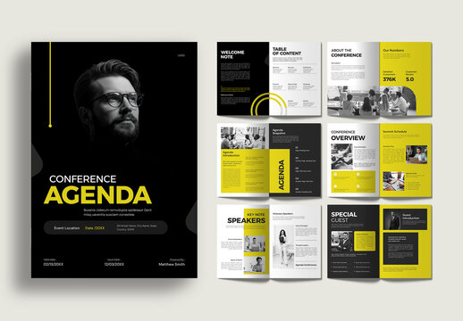 Conference Agenda Template with Black and Yellow Accents