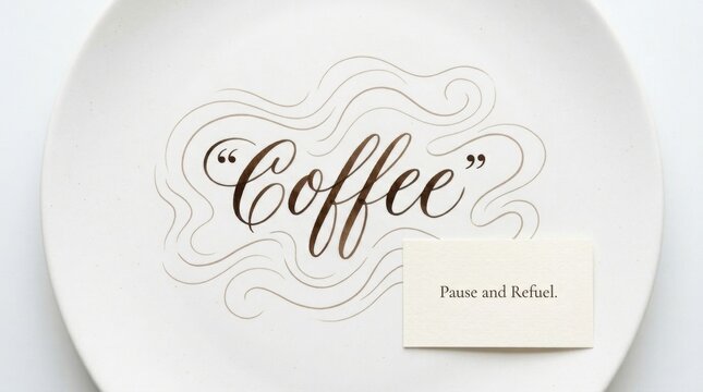 Elegant Calligraphy Word Coffee with Decorative Swirls and a Subtle 'Pause and Refuel' Message